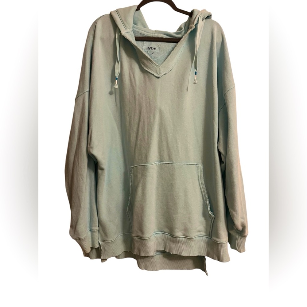 Aerie Oversized Distressed Casual Comfy Pullover Hoodie Light Blue